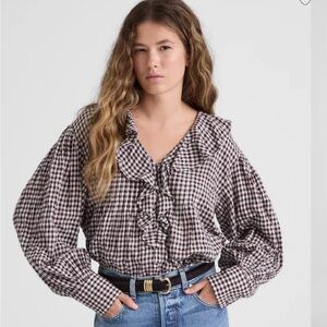 Madewell Black and White Gingham Ruffle Blouse